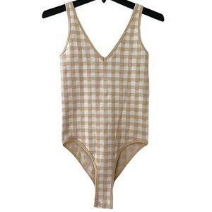 Aura- Stylish Checkered Bodysuit in Tan and White (M/L) NWT